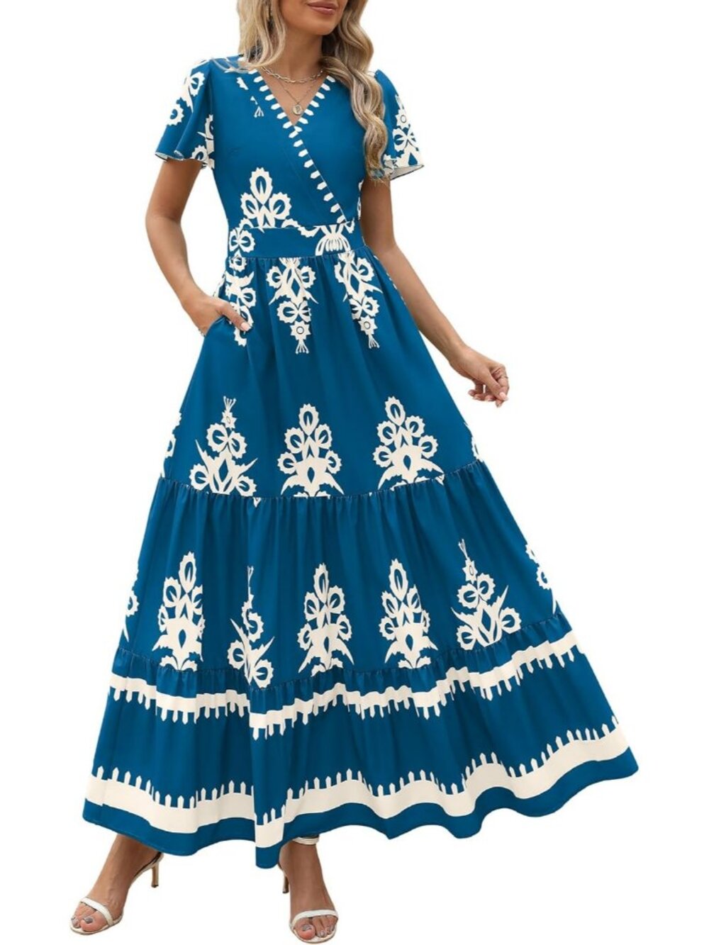 Women's Floral Lake Blue  Boho Maxi V Neck Bell Sleeve Flowy Dress W/Pockets